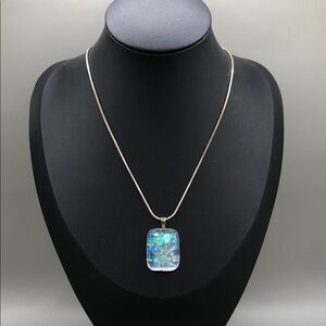 Sterling silver 925 dichroic art glass pendant and chain necklace opal like.
